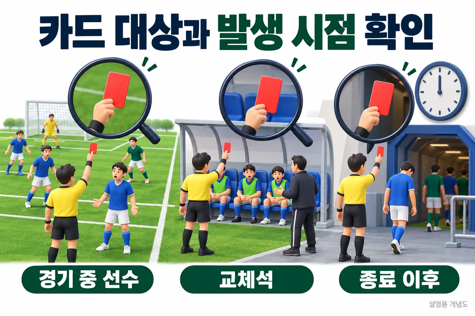 카드 대상과 발생 시점 확인: 경기 중 선수, 교체석, 종료 이후