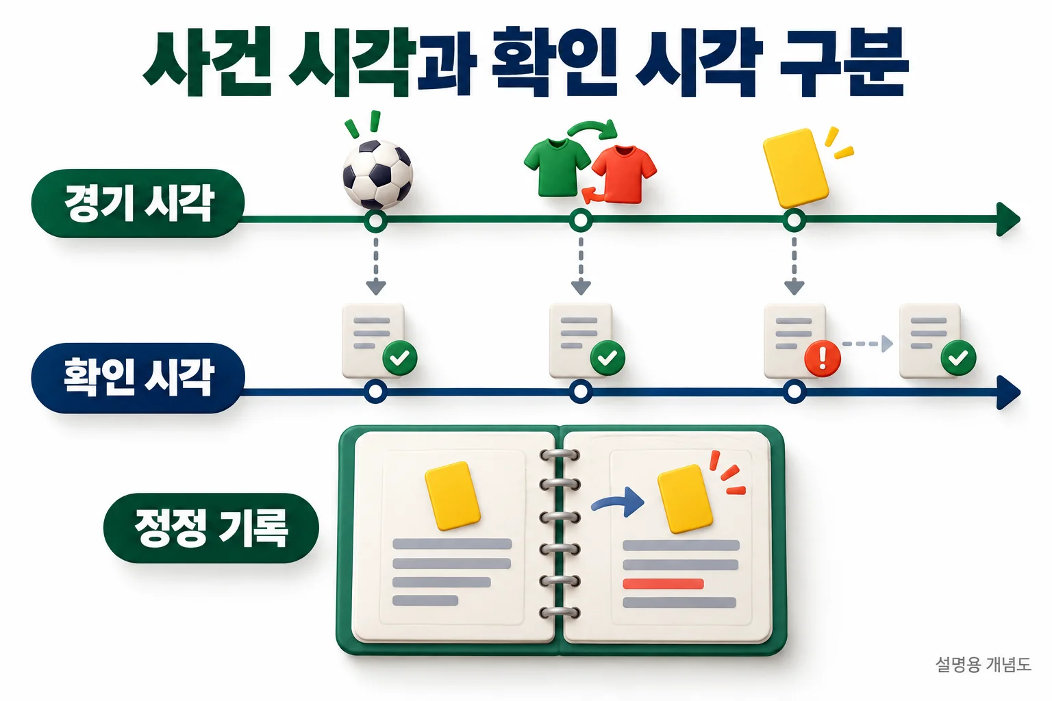 사건 시각과 확인 시각 구분: 경기 시각, 확인 시각, 정정 기록