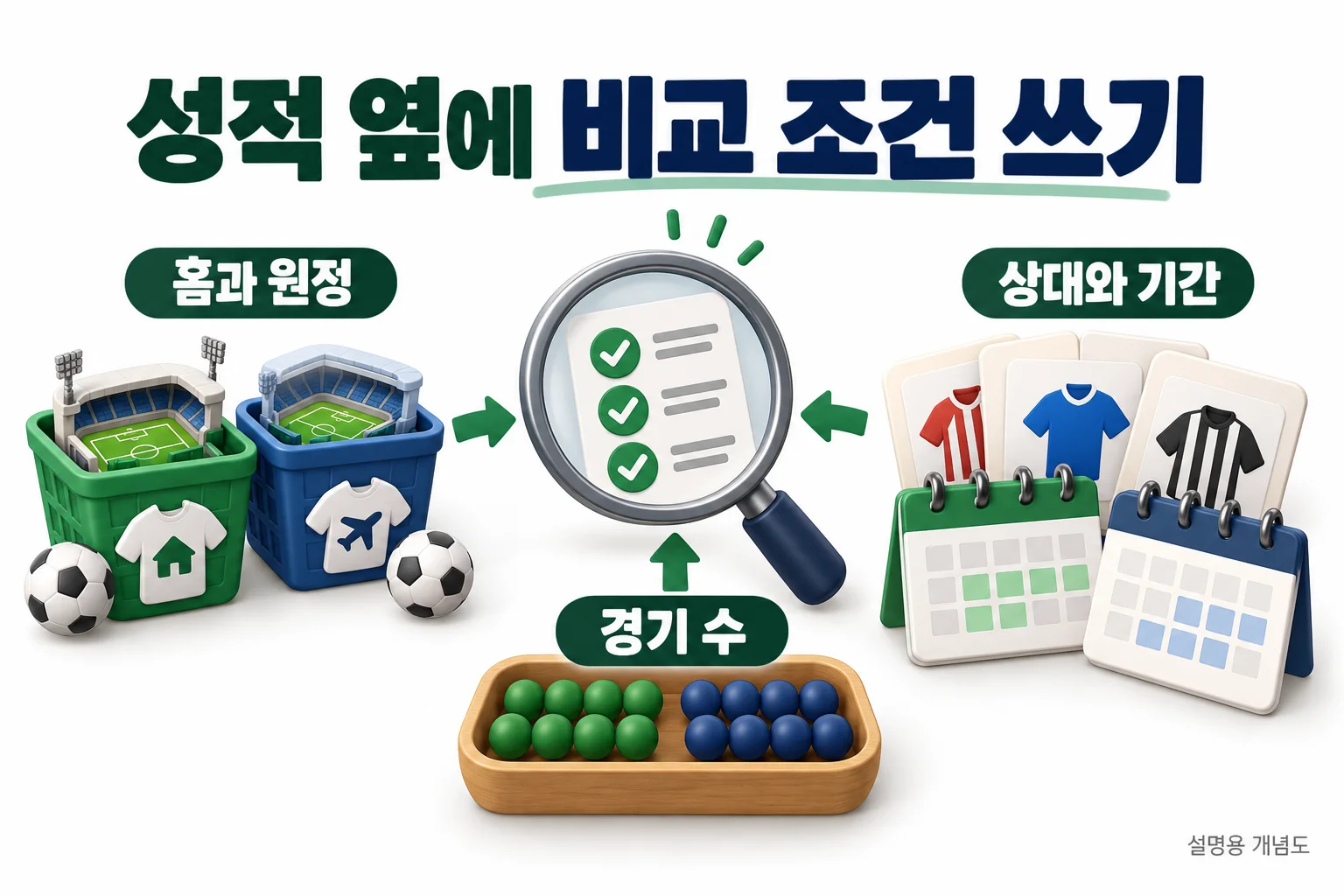 성적 옆에 비교 조건 쓰기: 홈과 원정, 경기 수, 상대와 기간