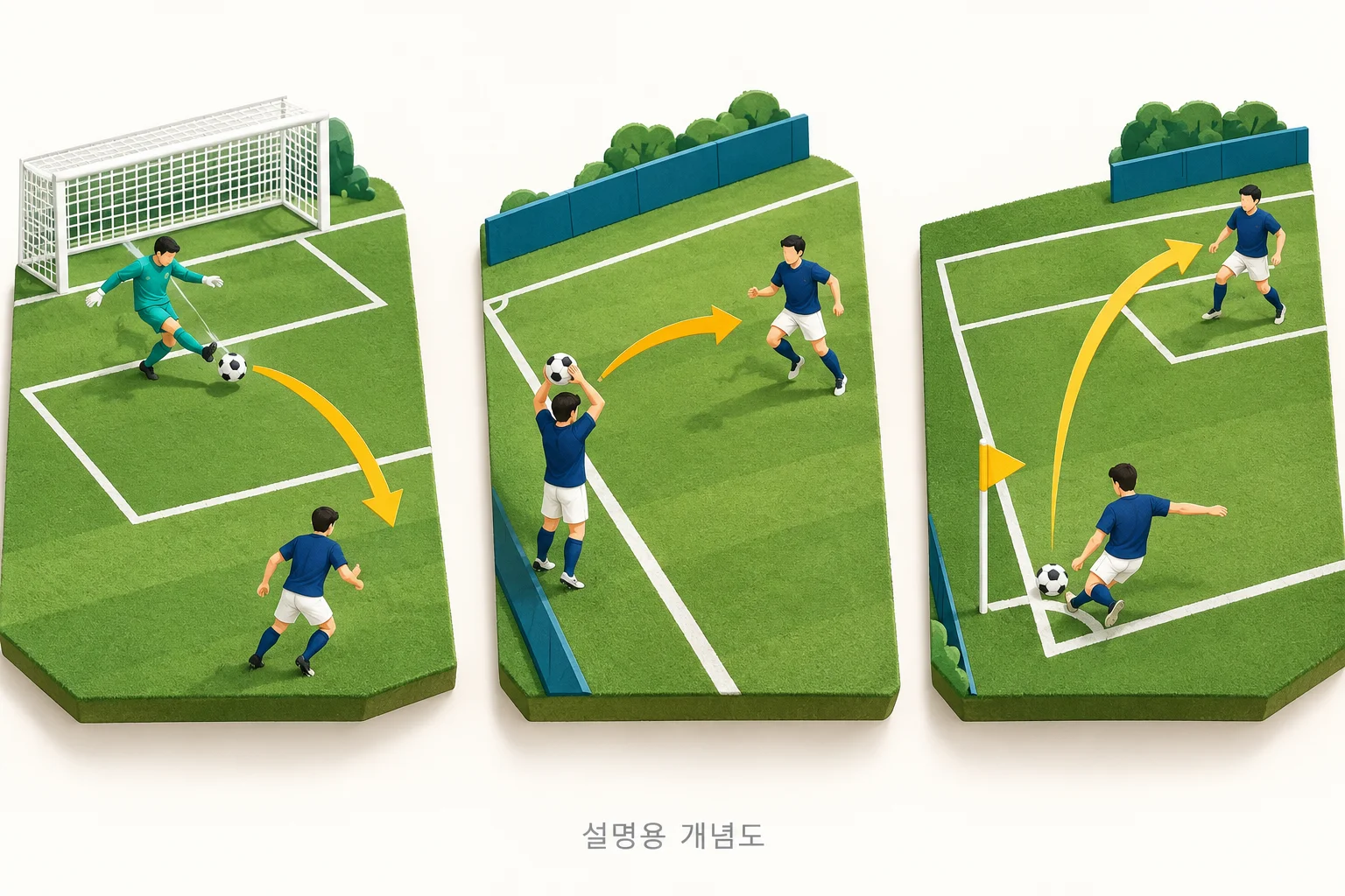 골킥·스로인·코너킥에서 동료가 직접 받는 세 가지 재개 장면