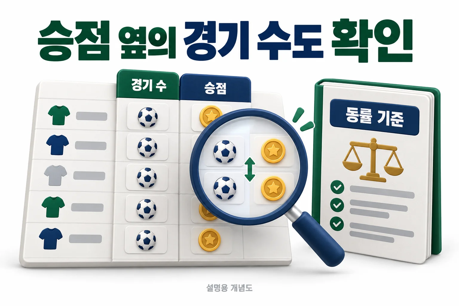 승점 옆의 경기 수도 확인: 경기 수, 승점, 동률 기준