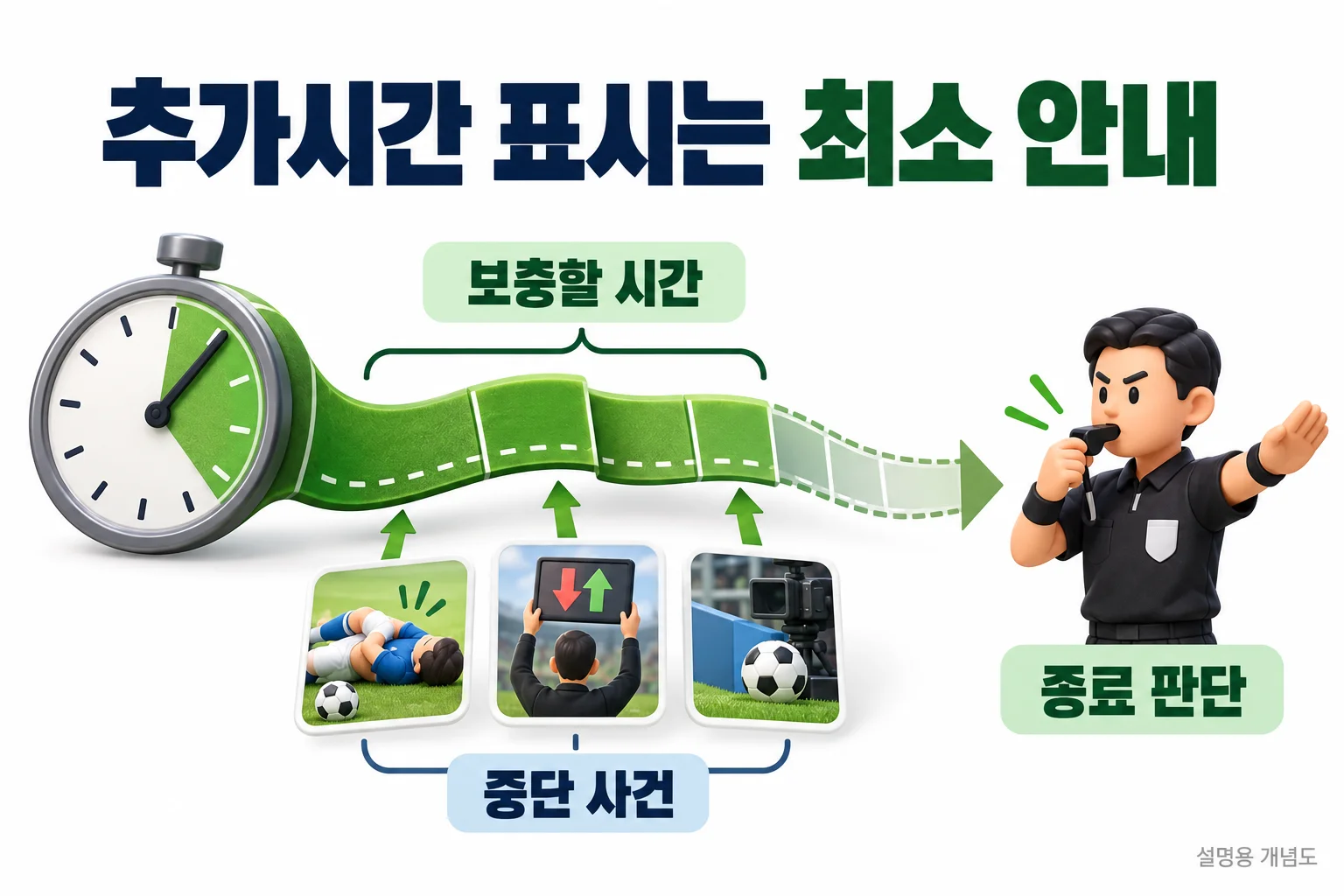 추가시간 표시는 최소 안내: 보충할 시간, 중단 사건, 종료 판단