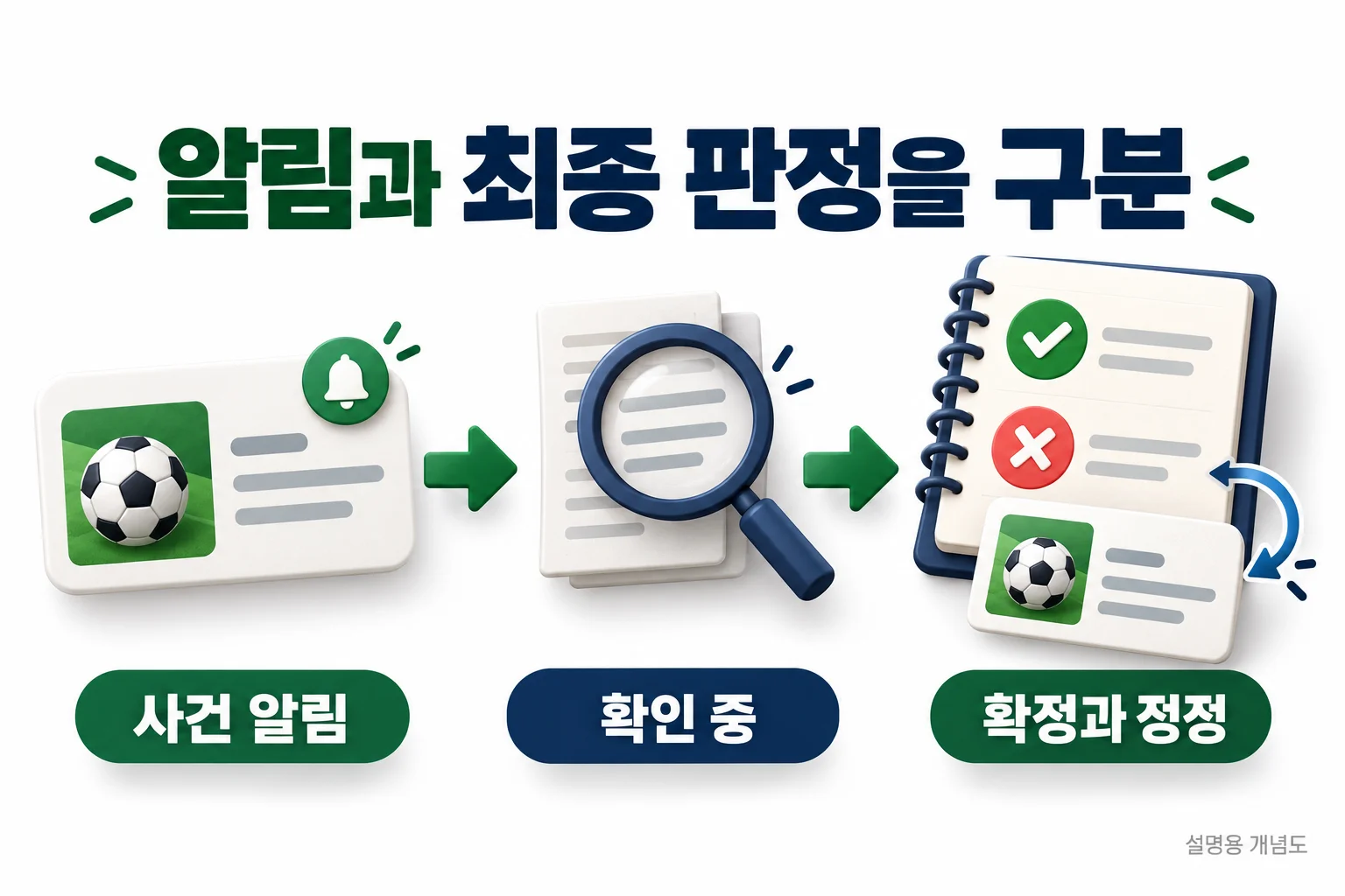 알림과 최종 판정을 구분: 사건 알림, 확인 중, 확정과 정정